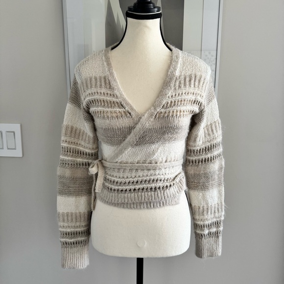 Zara Beige & Cream Striped Cropped Wrap Cardigan - Size S - Picture 4 of 14
